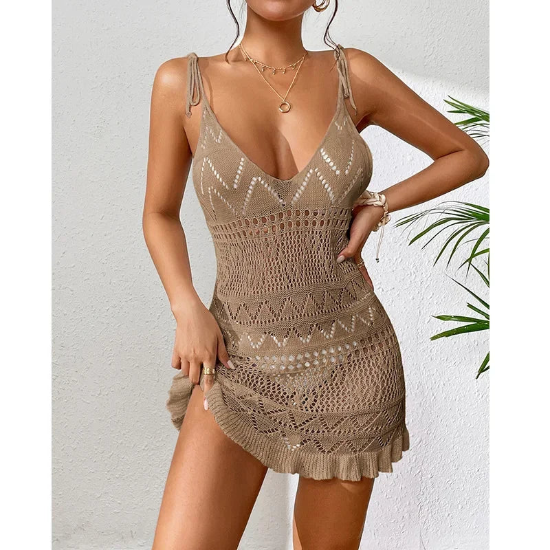 Summer Solid Color Knitted Backless Beach Dress
