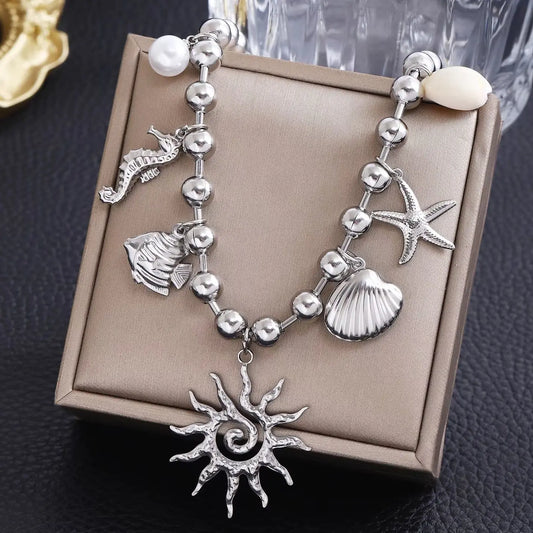 Stainless Steel Sun & Starfish Beach Necklace