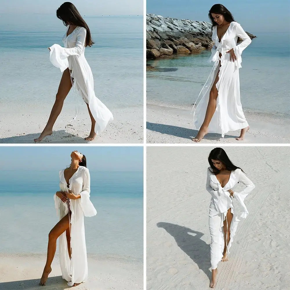Elegant V-neck long-sleeve beach cover-up.