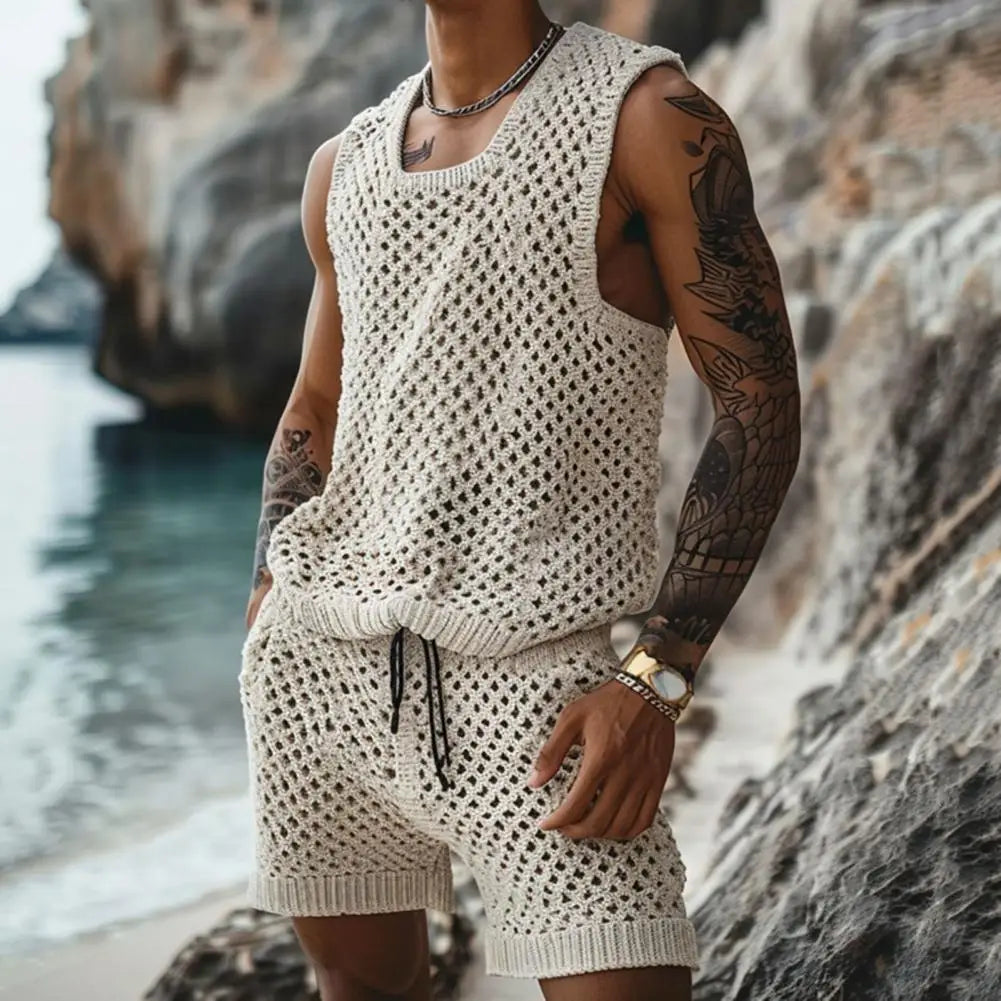 Men's Casual Knit Vest & Drawstring Shorts Set