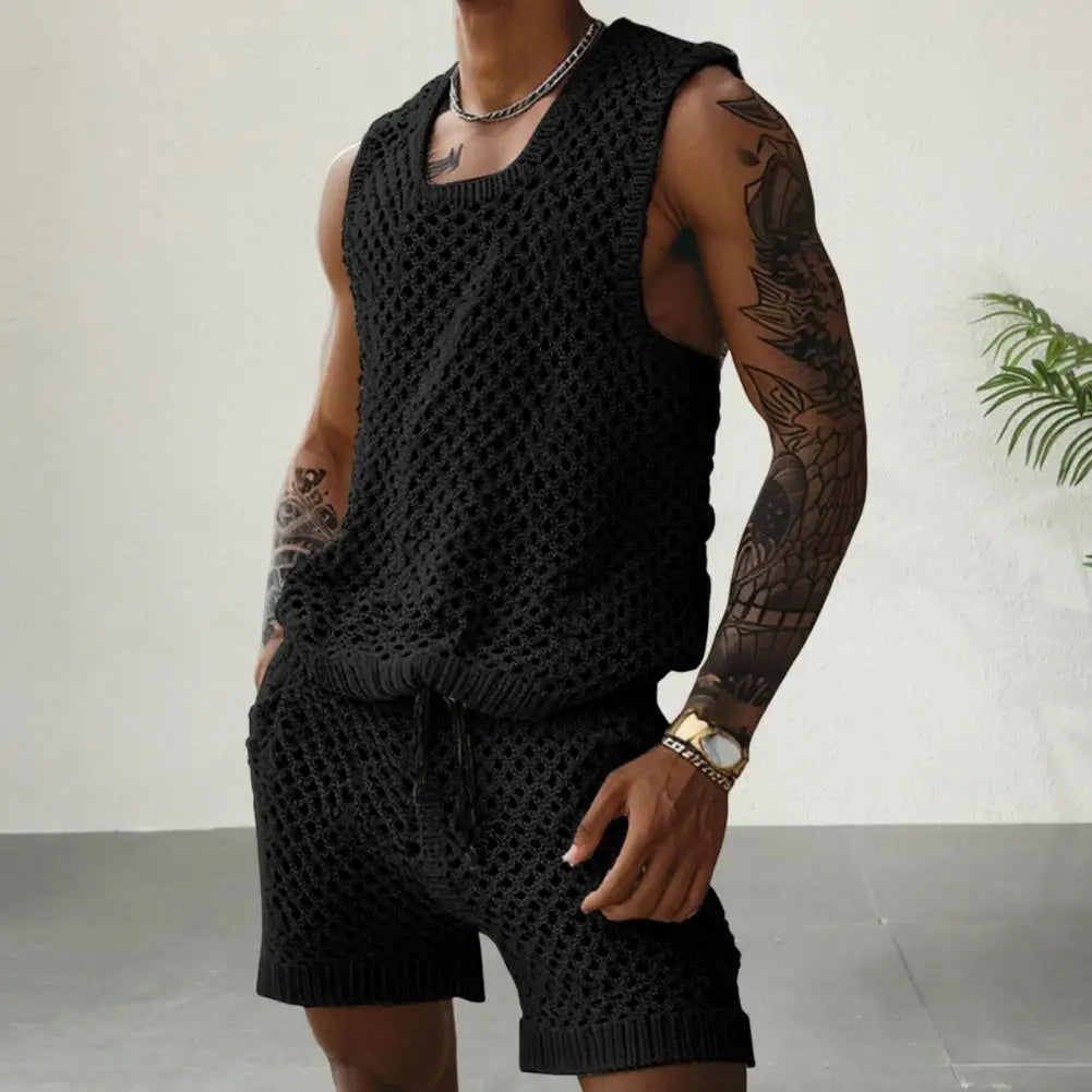 Men's Casual Knit Vest & Drawstring Shorts Set