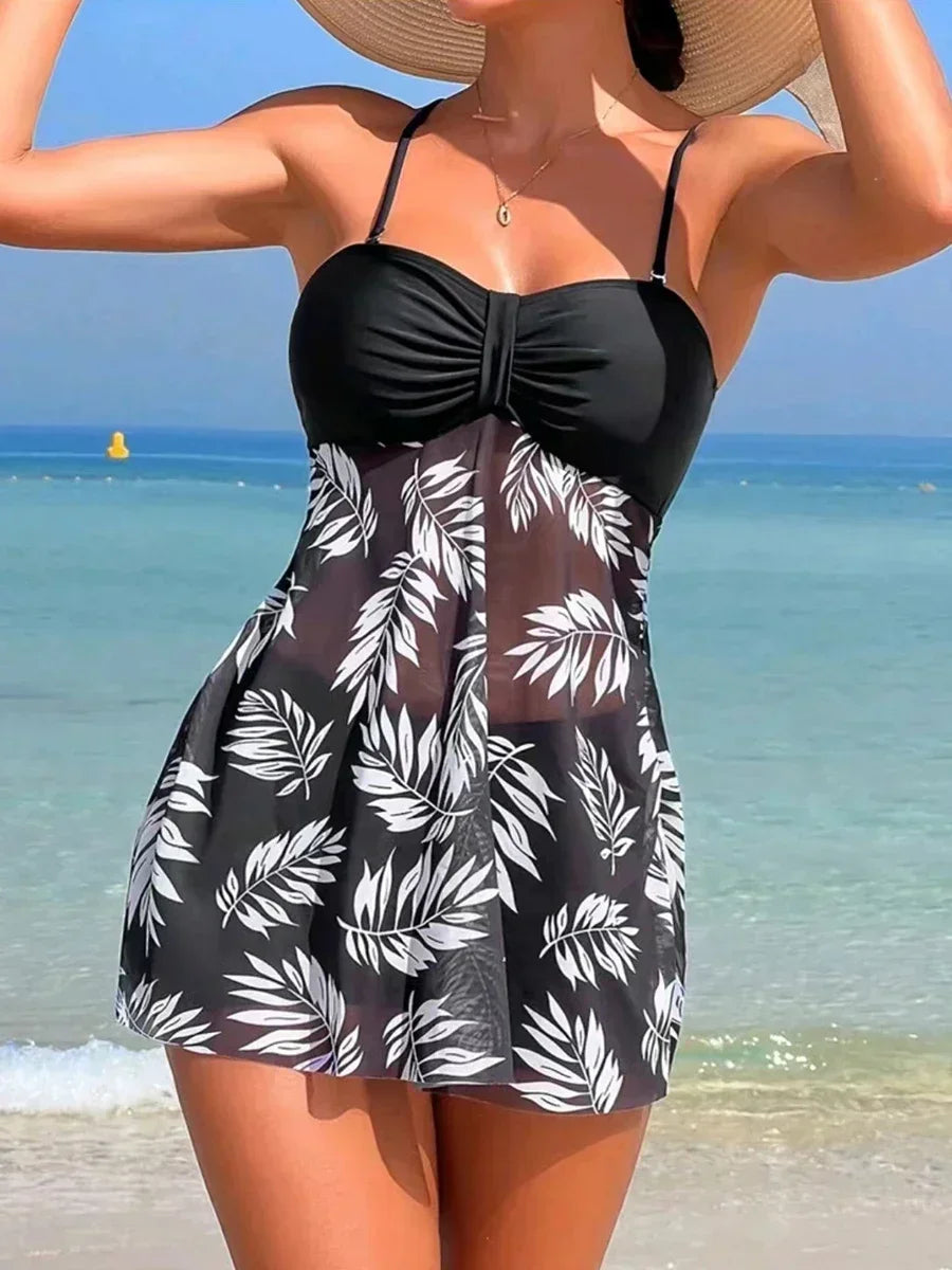 Sexy Mesh Print Split Swimsuit Dress for Women - High-Waist Beachwear