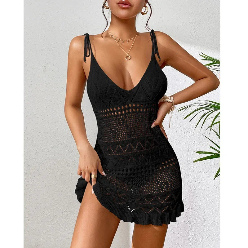 Summer Solid Color Knitted Backless Beach Dress