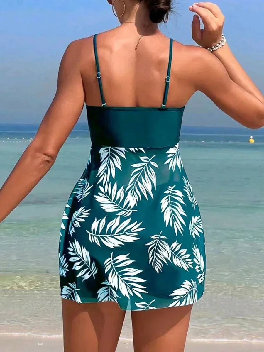 Sexy Mesh Print Split Swimsuit Dress for Women - High-Waist Beachwear