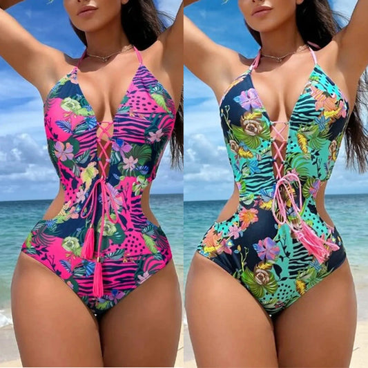 Sexy High-Waisted Bikini with Crisscross Straps & Tassel Tie Back
