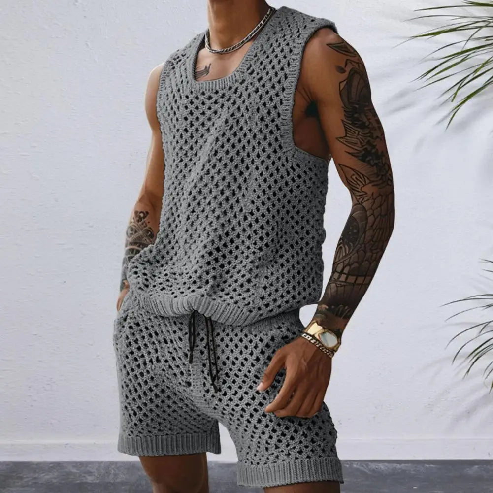 Men's Casual Knit Vest & Drawstring Shorts Set