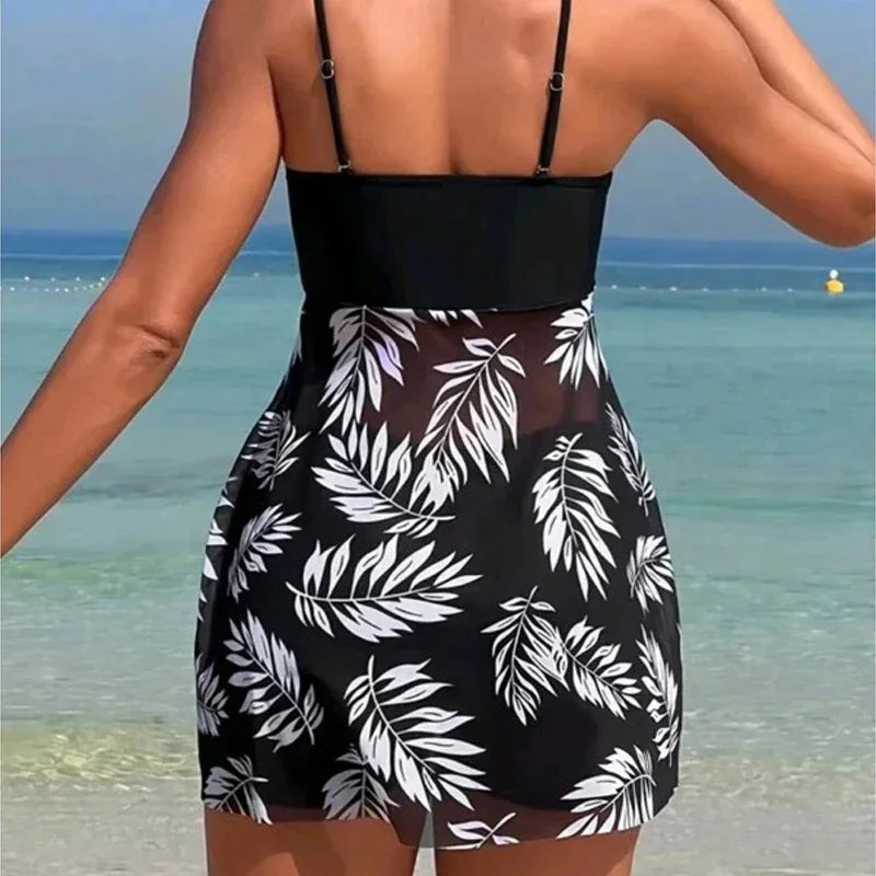 Sexy Mesh Print Split Swimsuit Dress for Women - High-Waist Beachwear
