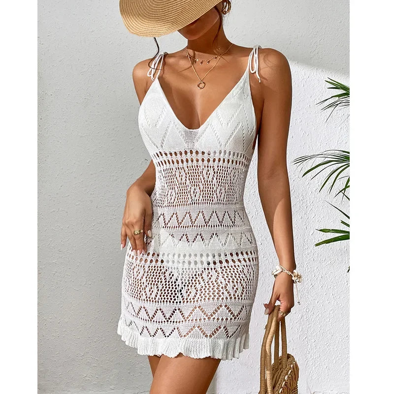 Summer Solid Color Knitted Backless Beach Dress