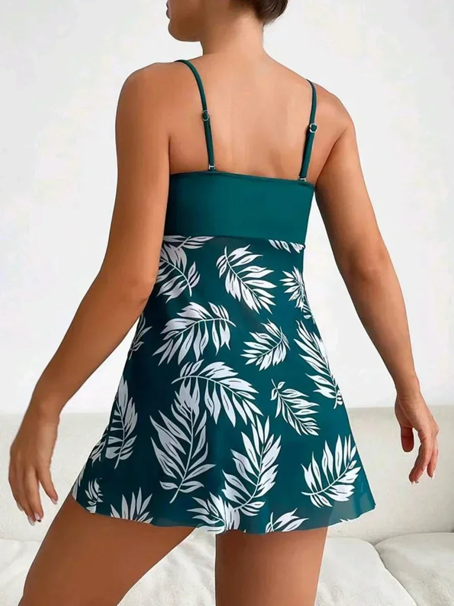 Sexy Mesh Print Split Swimsuit Dress for Women - High-Waist Beachwear