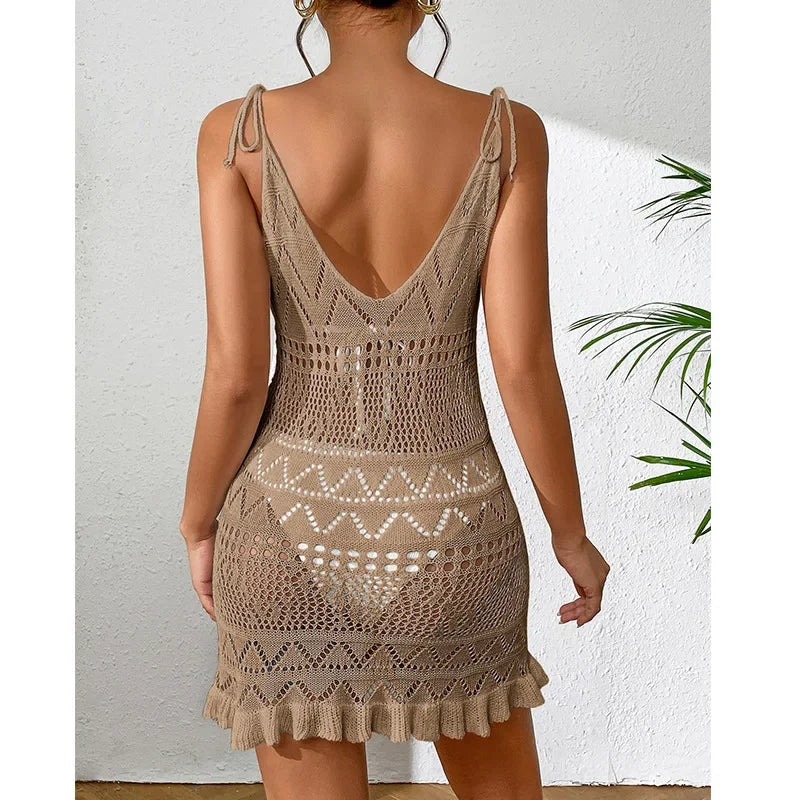 Summer Solid Color Knitted Backless Beach Dress