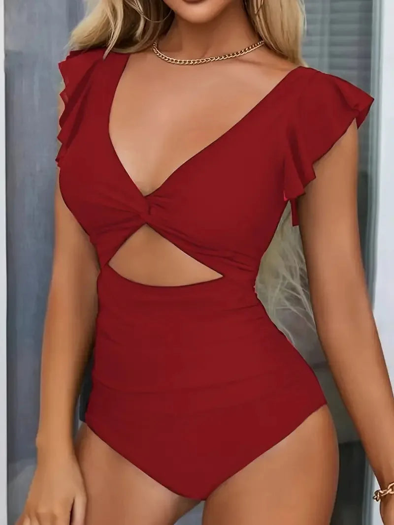 Women's Contrast Mesh One-Piece Swimsuit - V-Neck, Backless, Tummy Control High Cut