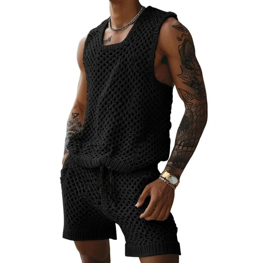 Men's Casual Knit Vest & Drawstring Shorts Set