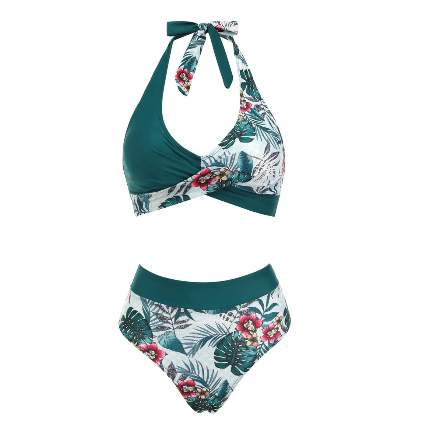 Teenagers' & Women's High-Waist Two-Piece Swimsuit - Colour Block & Floral Print