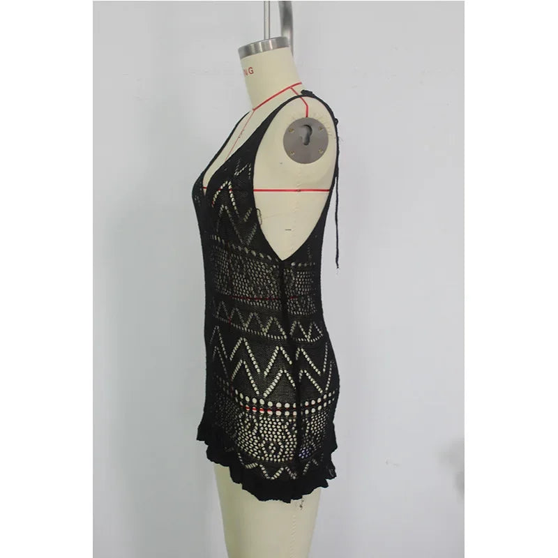Summer Solid Color Knitted Backless Beach Dress