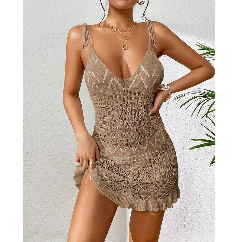 Summer Solid Color Knitted Backless Beach Dress