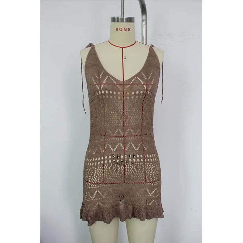 Summer Solid Color Knitted Backless Beach Dress