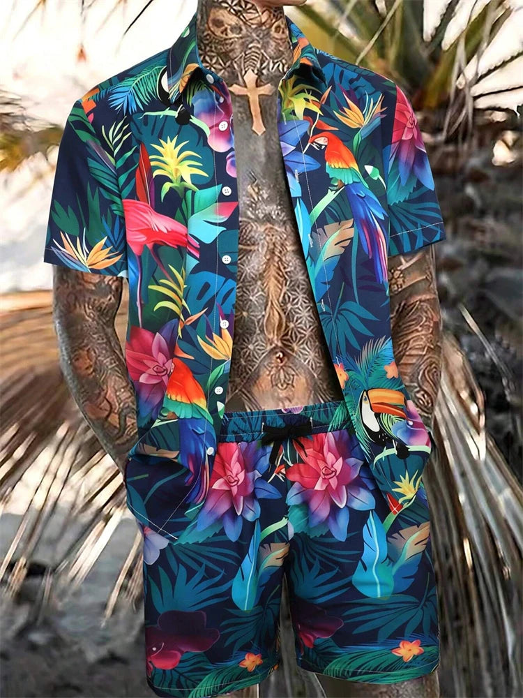 Men's New Hawaiian Jungle Print Set
