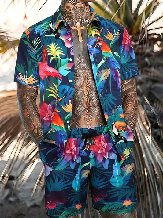 Men's New Hawaiian Jungle Print Set