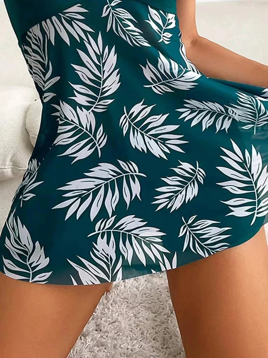 Sexy Mesh Print Split Swimsuit Dress for Women - High-Waist Beachwear