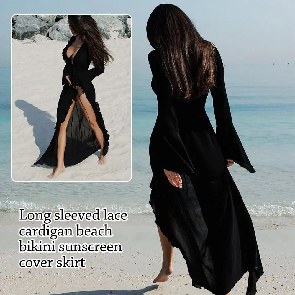 Elegant V-neck long-sleeve beach cover-up.