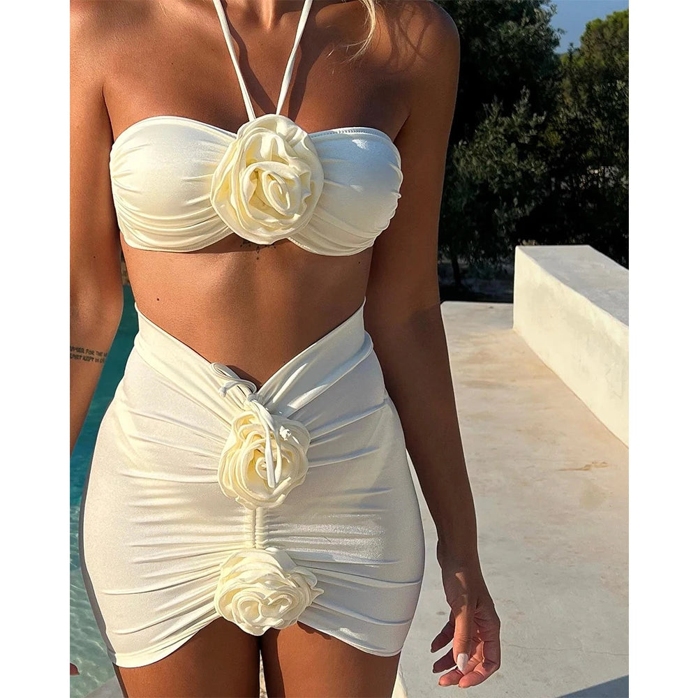 Women's Push-Up Bikini Set with Floral Lace & Sheer Cover-Up - 3 Piece Swimwear