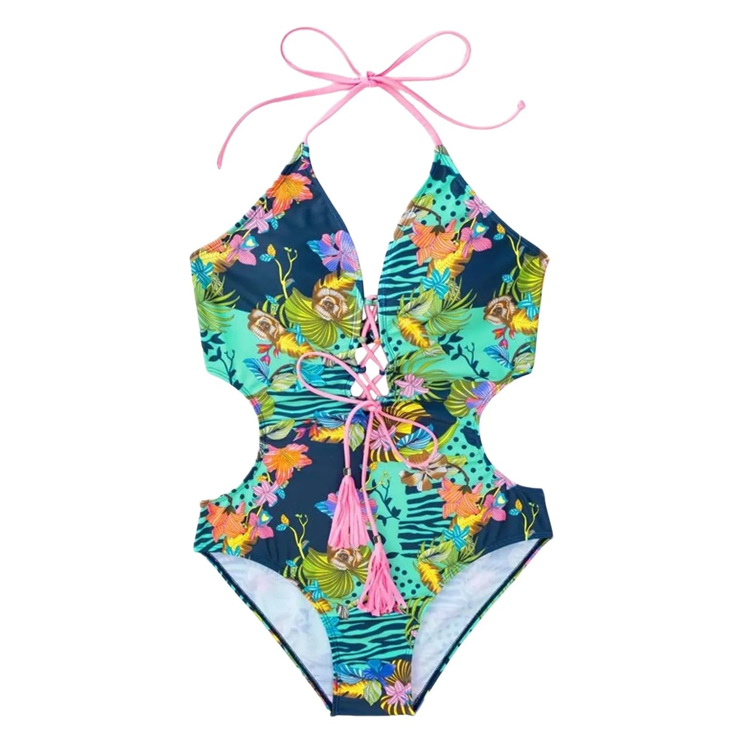 Sexy High-Waisted Bikini with Crisscross Straps & Tassel Tie Back